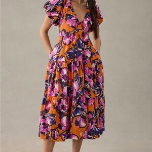 Floral V-Neck Dress in Orange and Pink